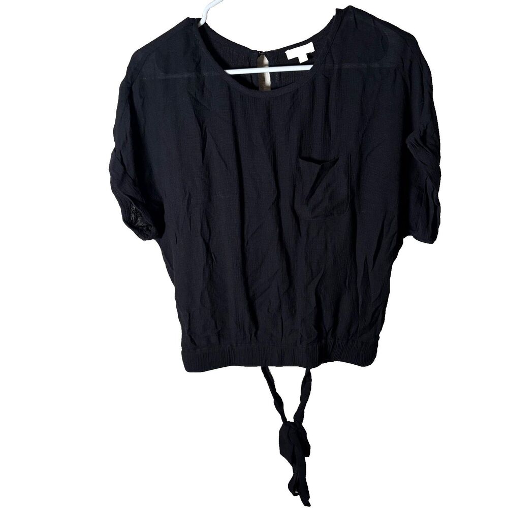 Lily White Shirt Women's Large Black Cropped Short Sleeve Pocket Tie Shirt